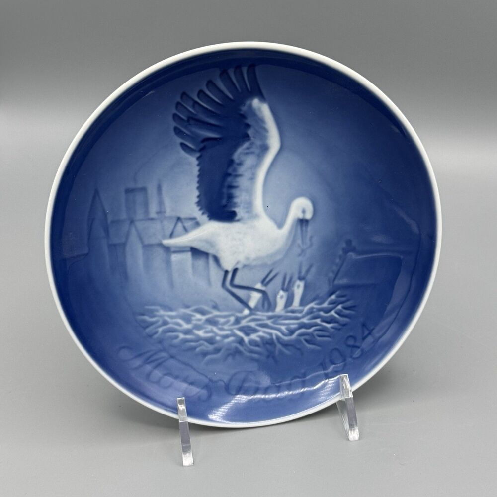 1984 Bing and Grondahl Blue White Mors Dag Mothers Day Plate Stork and Chicks
